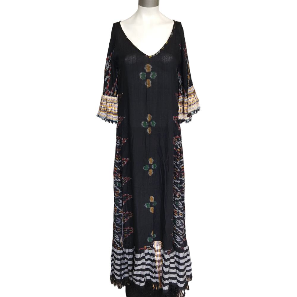 ERIKA PENA Tribal E Margarita Long Ikat maxi ruffle fringe dress black S / M NEW